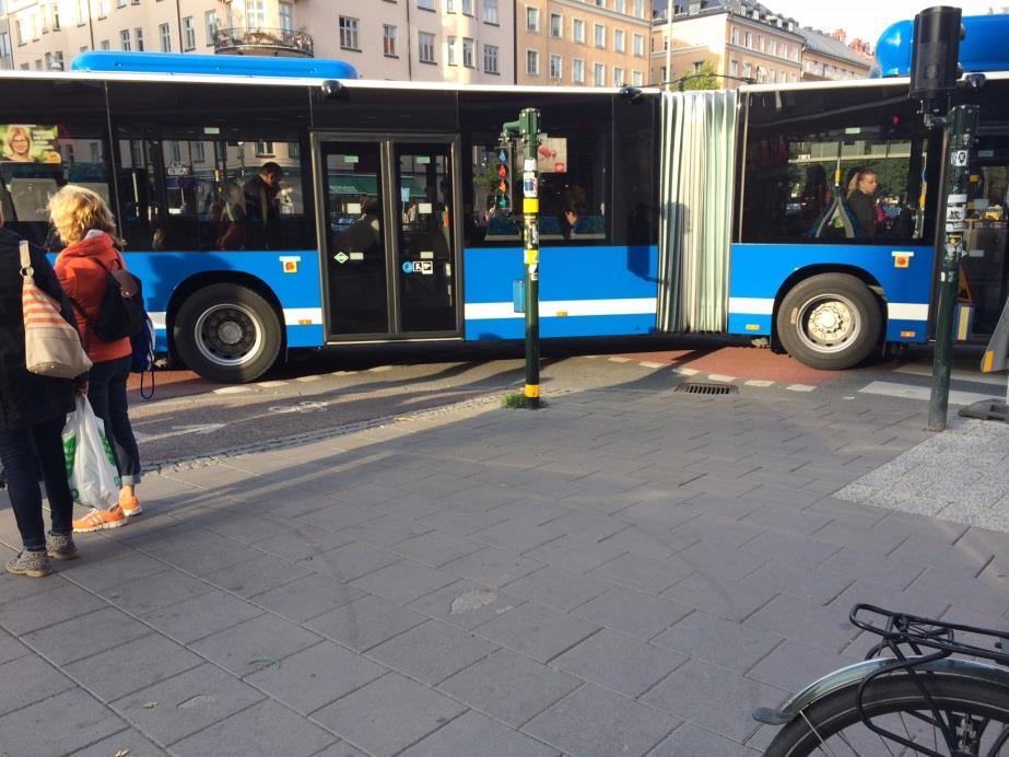 Se Figur 42 och Figur 43. Figur 42. Trångt vid D då buss svänger höger. Figur 43. Cyklist blir klämd vid D.