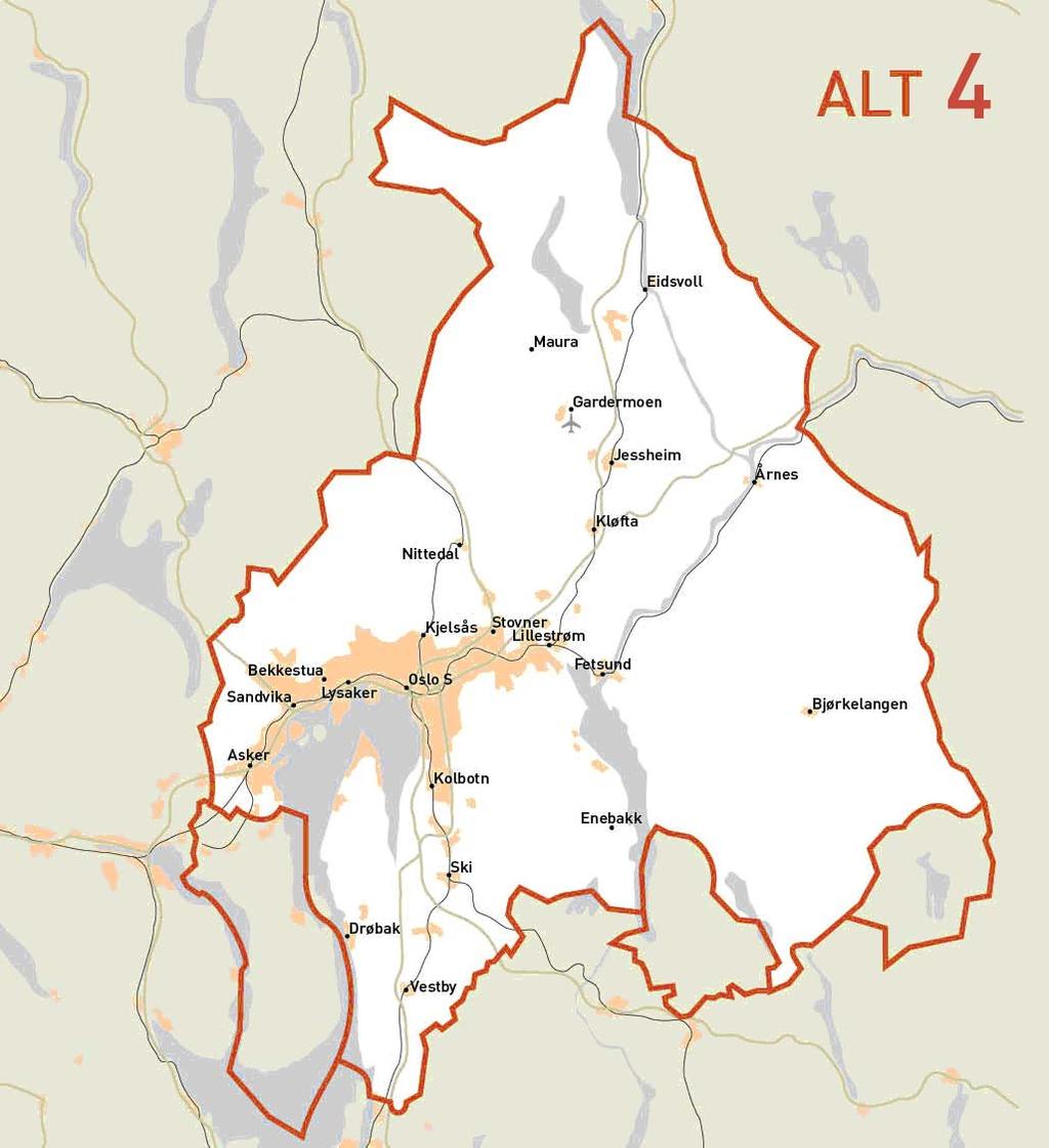 Kap. 2 Förutsättningar 39 Figur 2.5.7 Zongränser i alternativ 4 Merk Alt 4 ovenfor heter Alt 5 i Ruters hovedrapport og sammendragsrapport.