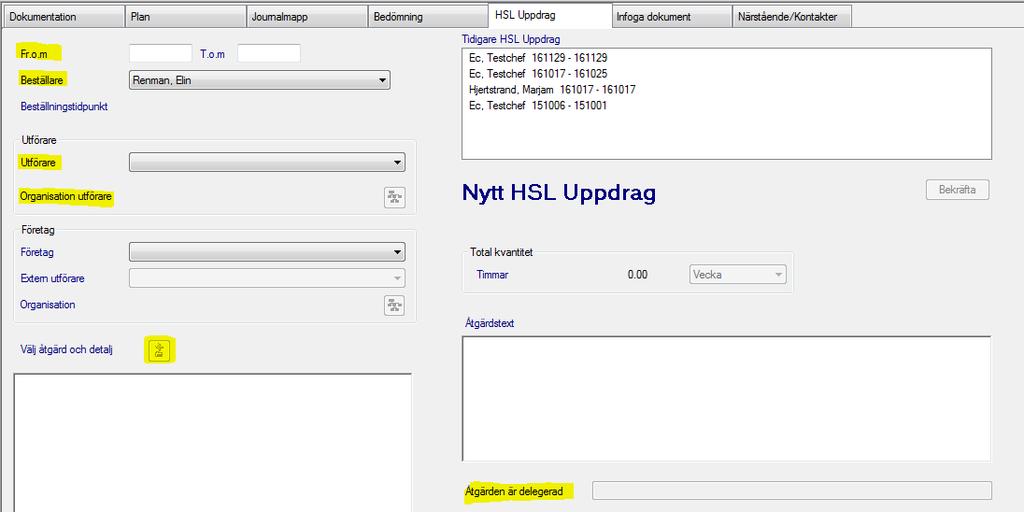 6. Välj nytt ark eller (Ctrl+N) och fyll i de gulmarkerade uppgifterna. Fr.o.m. t.o.m.: fyll i datum för perioden som uppdraget ska pågå (max 6 månader).