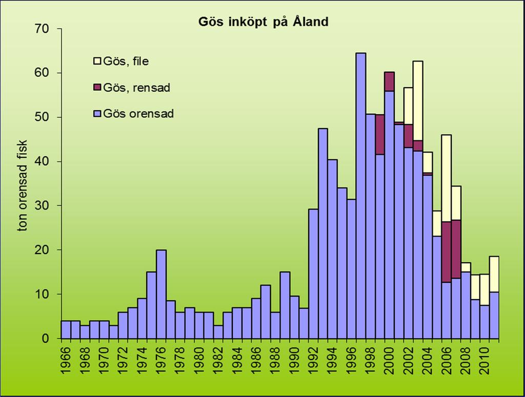 Yrkesfiskets fångster Under 1960-, 1970- och 1980-talet var yrkesfiskets fångster av gös rätt låga, mellan 3 och 20 ton per år. I början av 1990-talet ökade fångsterna dramatiskt.