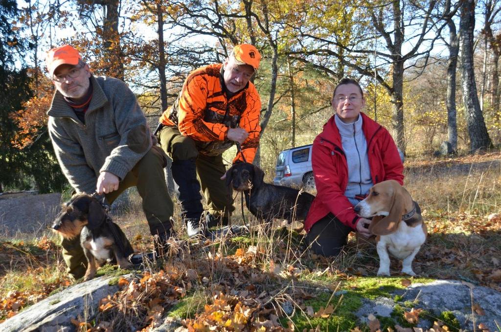 Hundförarna med sina hundar från vänster. Sandro Bacci med Taxen Nisse, Anders Hansson med Taxen Molle och Susanne Karlsson med Basset Artésien Normand.