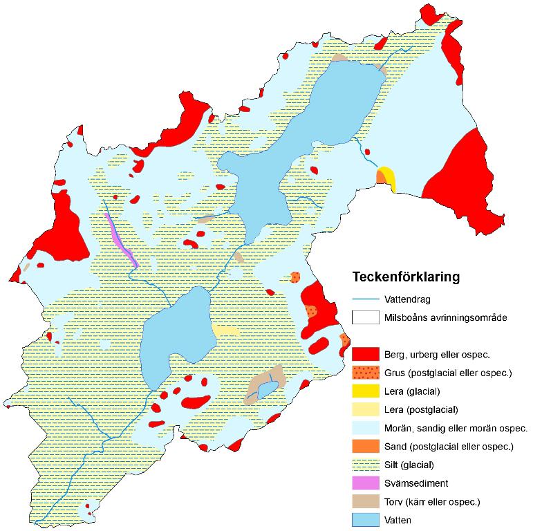 Jordartskarta Figur 9. Jordartskarta över Milsboåns avrinningsområde (SGU, 2007). Milsboåns avrinningsområde ingår i ett stråk av mo-mjälajordar i Dalälvens dalgång i södra Dalarna.