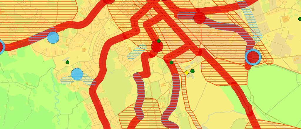 Streckade blå fält= stadsstråk Röda stråk= stomlinjestråk Figur7.Utdrag ur översiktsplan 2010.