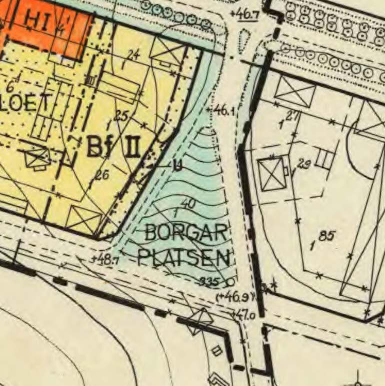 Karta visar urklipp ur gällande plan för berört område. Ny detaljplan omfattar den yta som i befintlig plan är utritad som Park (färglagd med grön).