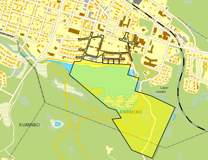 Område med gul täckning visar fastigheten Jokkmokk 10:40 som ägs av Jokkmokks kommun. Grå prick visar planområdets läge.