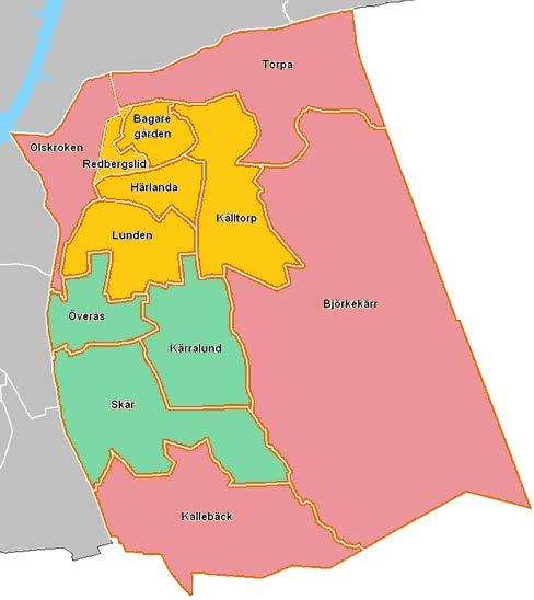 1. Bilaga - Karta över stadsdelen och primärområden Figur Karta över stadsdelens olika primärområden samt markering över primärområdets socioekonomiska status inom stadsdelen.