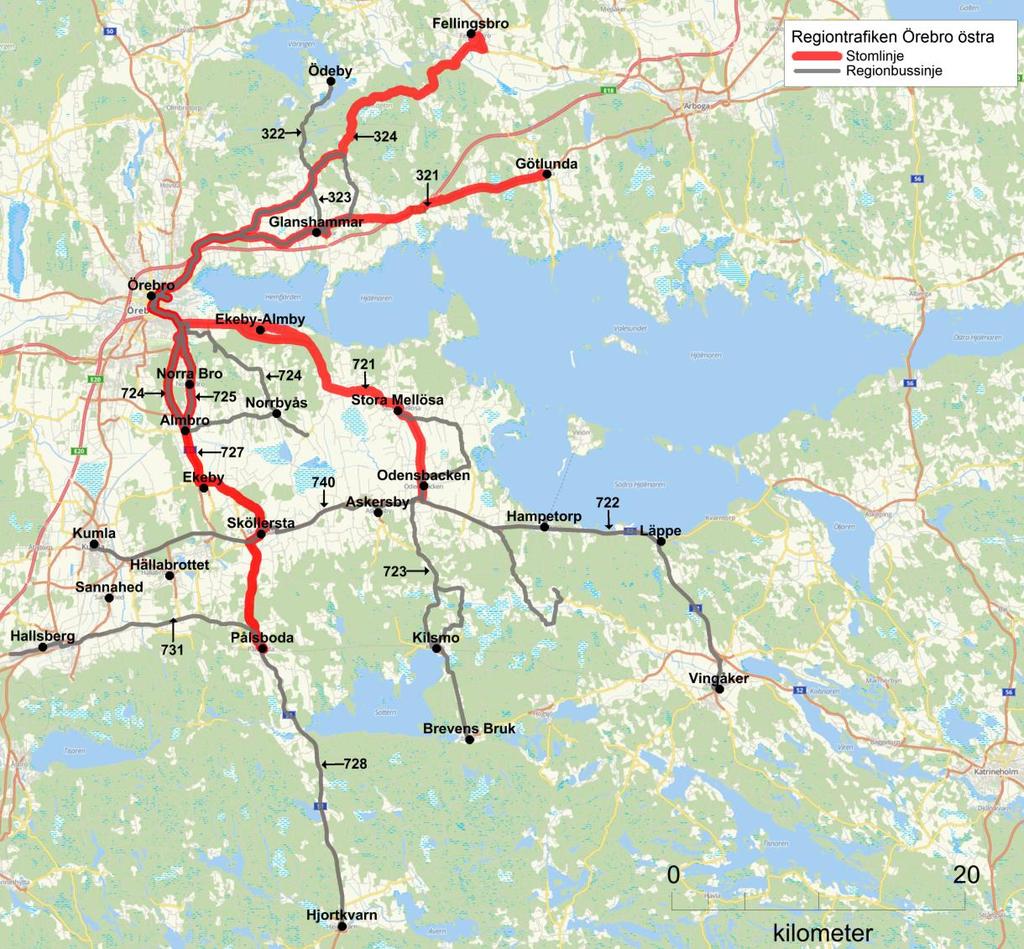 2. Analys av regiontrafiken kring Örebro Området som denna utvärdering omfattar är linjerna kring Glanshammar och Fellingsbro Örebro, linjerna kring Odensbacken, linjerna kring Norra Bro och