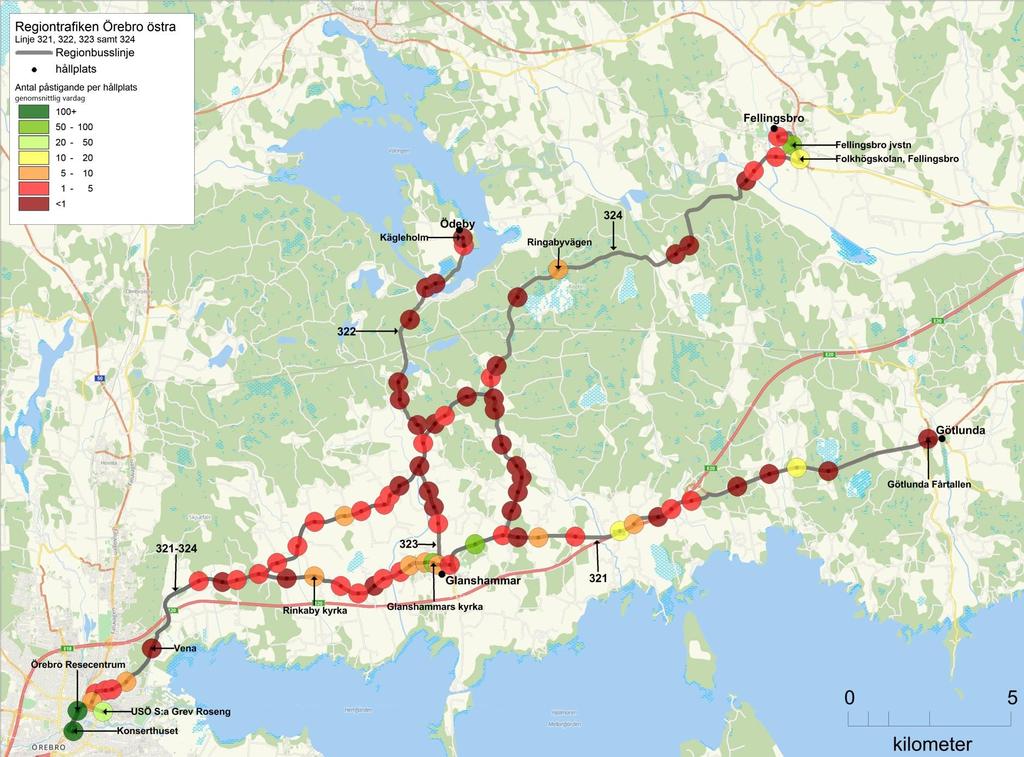 Figur 4: påstigande på linjerna 321, 322, 323 och 324, genomsnitt per vardag.