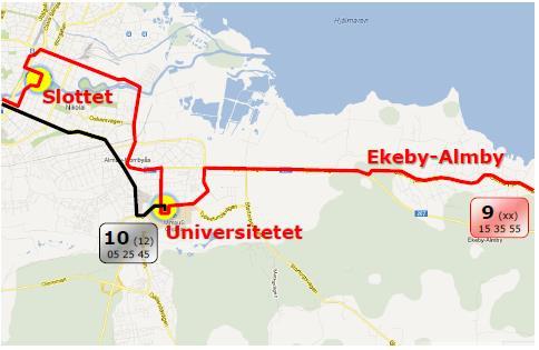 för linje 9 till att gå som på kartan nedan. Linjedragningen skulle innebära att de boende i Ekeby-Almby skulle få en tätare trafik under hela dagen än idag.