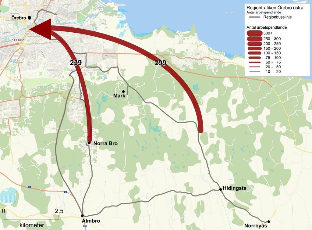 2.3 Linjerna kring Norra Bro och Hidingsta Linje Destination 724 Örebro Almbro Norrbyås 725 Örebro Norra Bro Almbro Figur 7: arbetspendlare mellan Norra Bro och området kring Hidingsta/Mark/Stortorp.