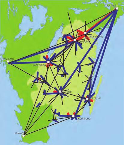 Figur 10 visar arbetspendlingen i regionen år 2008. Figur 9. Storregionala förbindelser reshastighet med kollektivtrafik. Röd: Låg (<80 km/h); Grå: medel (80-100 km/h); Grön: Hög (>100 km/h).