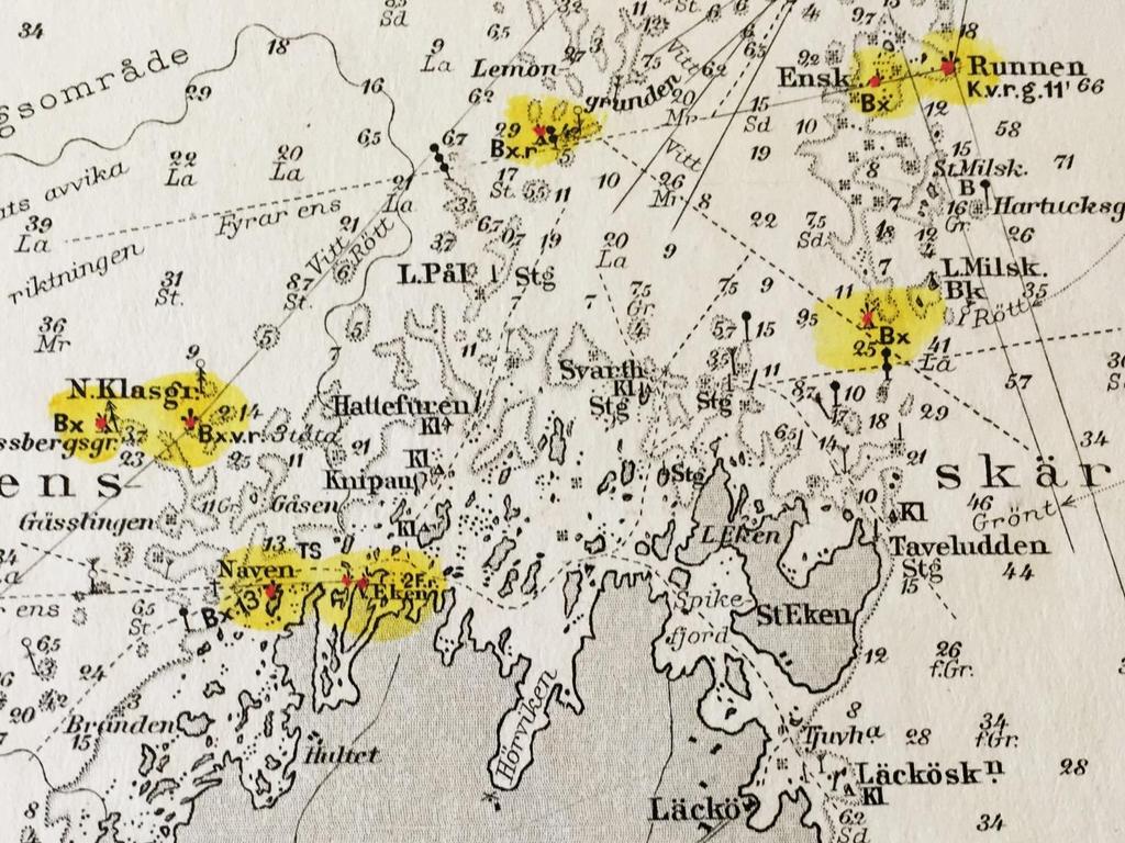 Fig. 29. Alltefter som fartygen blev större och mer djupgående valdes de äldre inomskärslederna bort till förmån för nya farleder, ofta över öppet vatten.