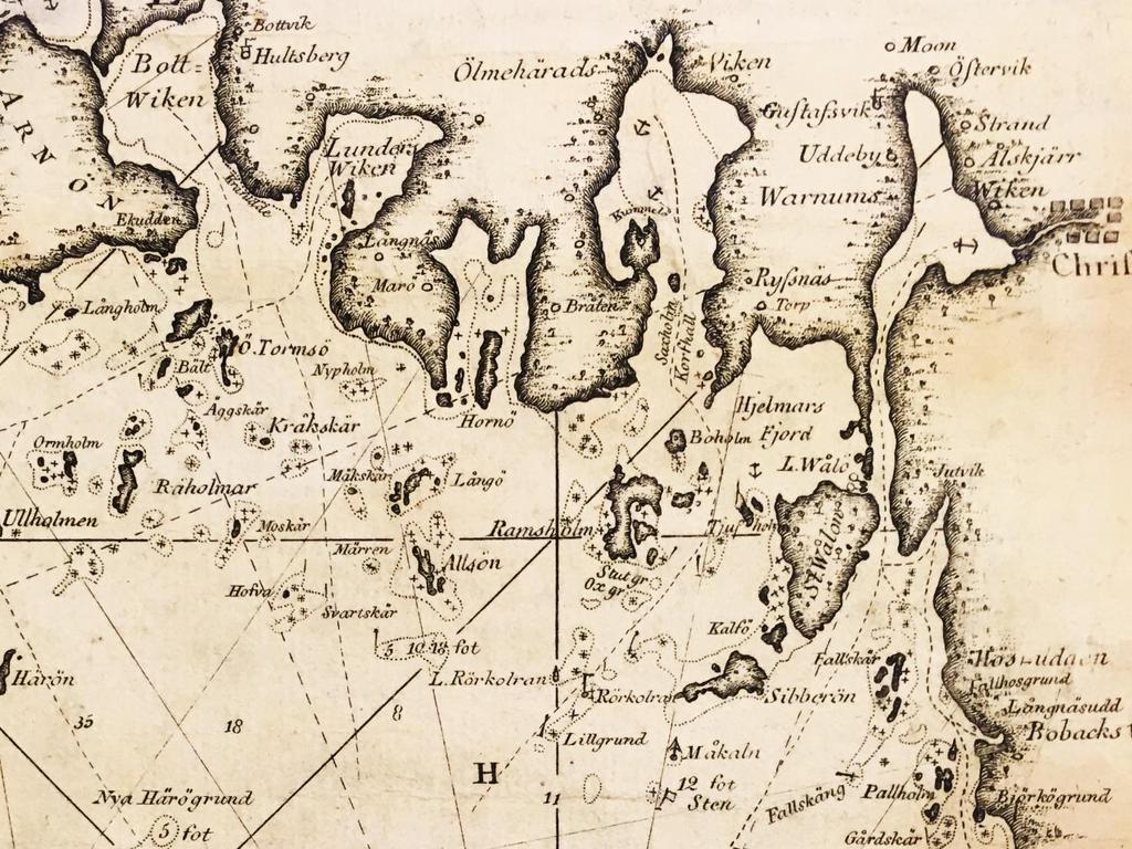 Fig. 30. Detalj ur Hydrografisk karta från 1789 rättat 1824. Att segelfartyg oftast föredrog att använda inomskärsleder verkar inte självklart vid anblicken av detta sjökort.