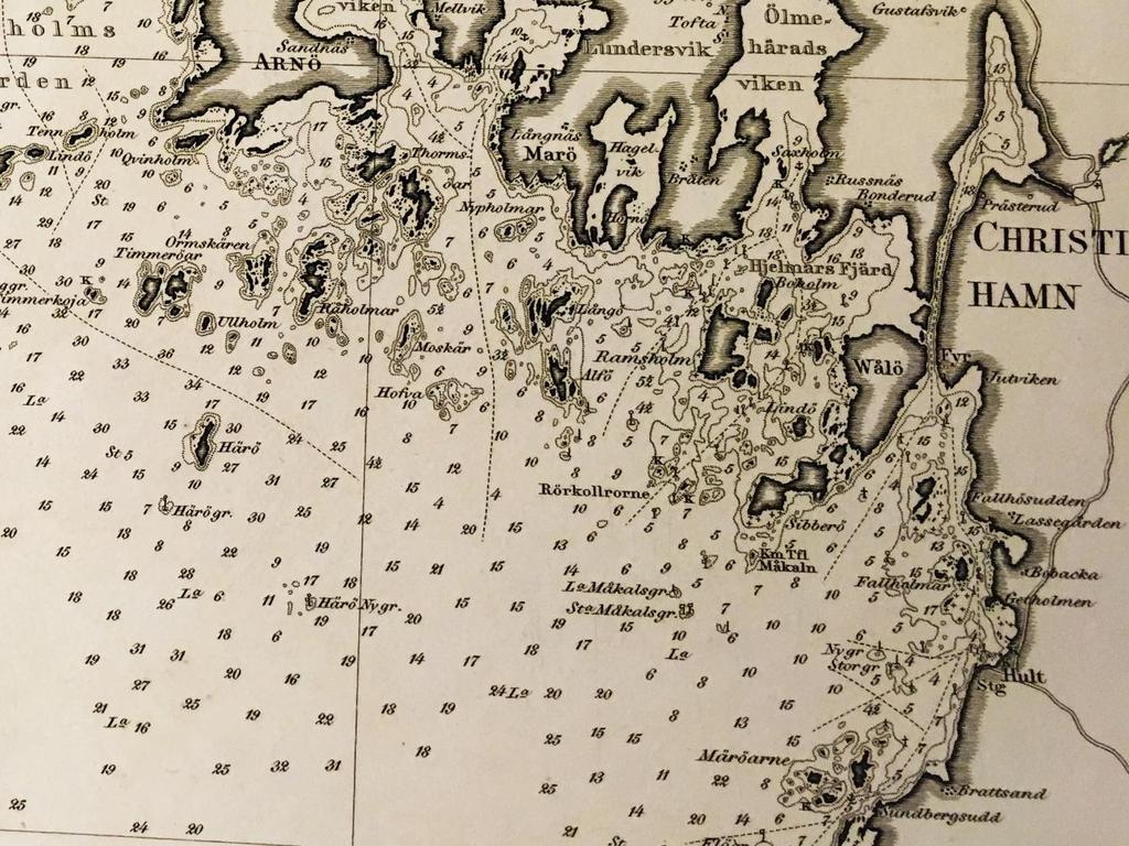 Fig. 31. Detalj av sjökort från 1866. Den som vill hitta de flytande sjömärkena på 1866 års minutiöst detaljerade sjökort får plocka fram förstoringsglaset.