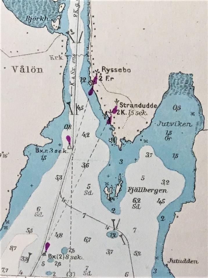 Fig. 37. Detalj ur båtsportkort från 1965. Yttre delen av inloppet till Kristinehamn. Jämför med fig. 30. De s.k. deccakorten från 1969 (SMG 6:15: III) och 1971 (SMG 6:16: III) ger en helt annan bild av landskapet.