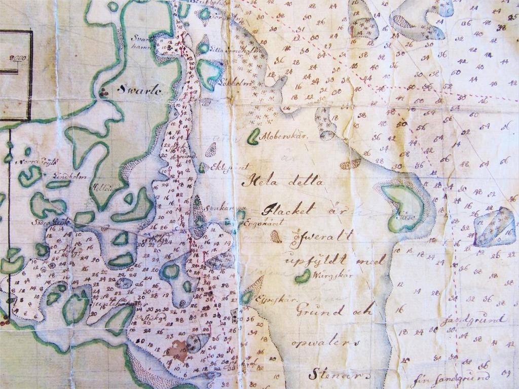 Fig. 53. På sjökortet från 1770 syns Svartö som en ö öster om ett smalt sund. Öster om ön löper en utprickad farled. På motsatt sida om farleden finns ett större område med grund.