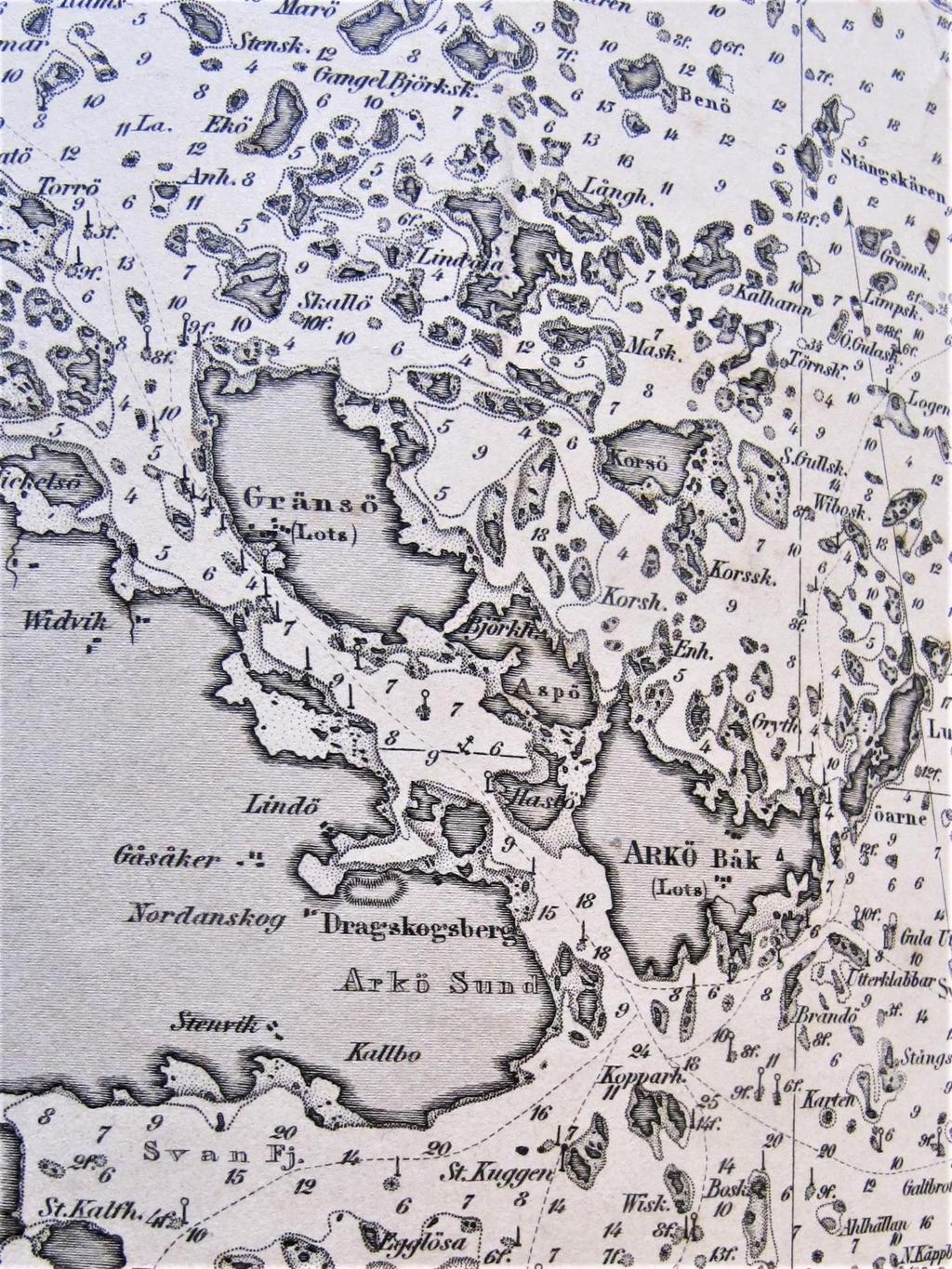 Fig. 63. Sjökort från 1865. Farleden norr om Gränsö liksom mellan Skallö och Benö har försvunnit.