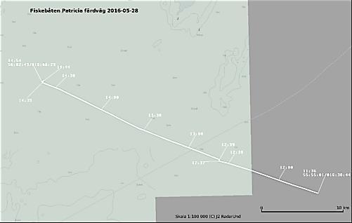 en nordgående kurs på 027 grader. Därefter återgick hon till den nordvästgående kurs som även redovisas i AIS-spåret.
