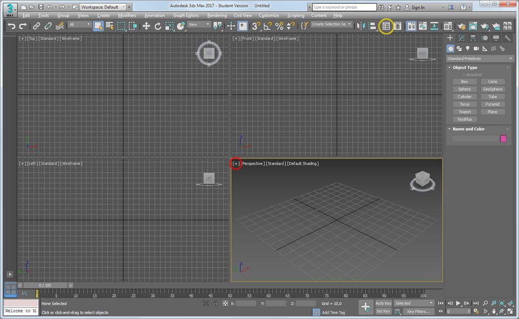 Figure 1: 3dsMax huvudfönster vid uppstart Den här vyn med fyra viewports gör scenens 3D-struktur tydlig, men om du har ont om skärmyta eller vill fokusera på en viss viewport kan du klicka på det