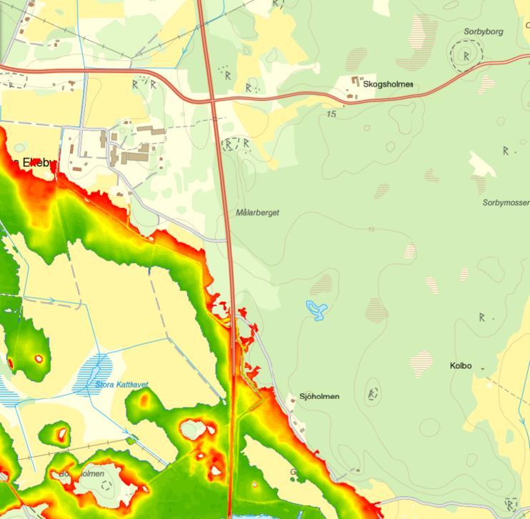 Västjädra som riskerar att hamna under vatten redan vid mindre höjningar av vattennivån.