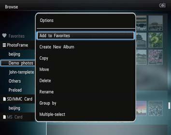 Albummeny: [Copy]: Kopiera media i albumet till ett annat album [Move]: Flytta media i albumet till ett annat album [Delete]: Ta bort media i albumet [Rotate] (endast fotomeny): Rotera fotot i