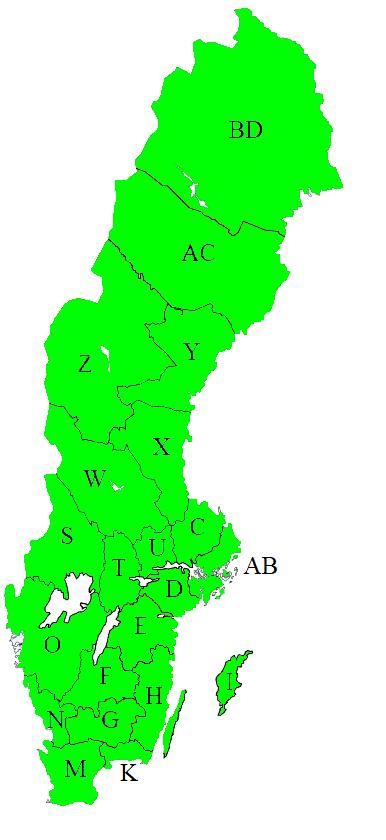 Länsbokstäver AB AC BD C D E F G H I K M N O S T U W X Y Z Stockholms län Västerbottens län Norrbottens län Uppsala län Södermanlands län Östergötlands län Jönköpings län Kronobergs län Kalmar län