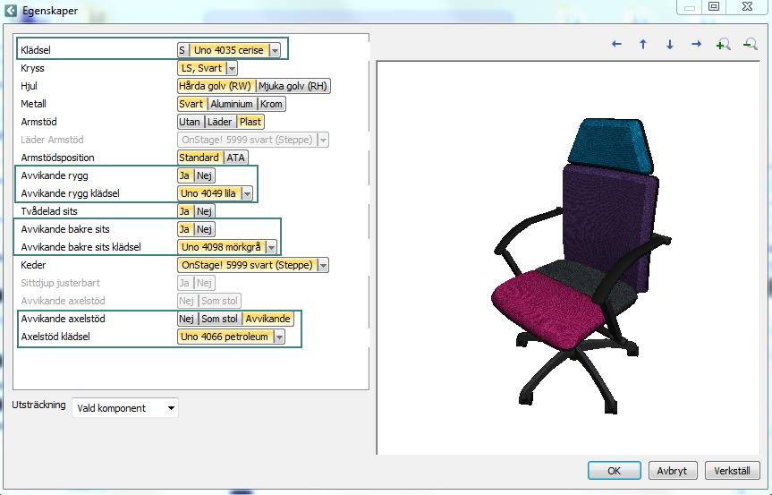 En skillnad för dessa stolar gentemot Kinnarps stolarna är att de flesta tillbehör finns i en tillbehörsbrowser som du kommer åt via komponentfliken.