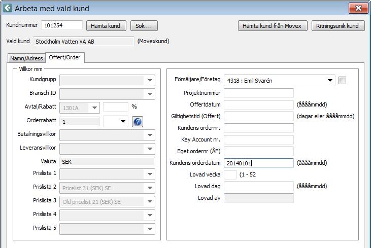 Tagit bort och lagt till nya fält i kund dialogen (v143) Ange kundens orderdatum Nu kan man ange kundens orderdatum i kunddialogens andra flik: Offert/order, se bild nedan.