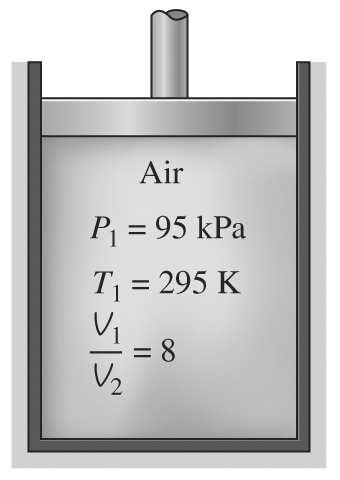 Example 7-10+ Kompression av luft i cylinder med lättrörlig kolv. Givet: Internt reversibel och adiabatisk kompression; P 1 = 95 kpa, T 1 = 295 K; V 1 /V 2 = 8.