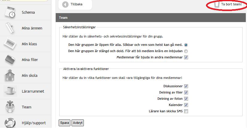 c. När du sparat får du valmöjligheter hur sekretessen ska vara på gruppen, vilka som ska kunna bjuda in medlemmar samt vad som ska kunna delas i teamet. Fyll i det som passar ditt team.