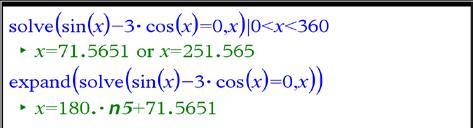 Svar: 71,6 +n 360, 251,6 +n 360, Man kan även använda ekvationslösaren och ta rötterna, en i taget.