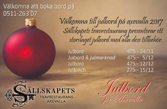 0: LOPP 0 b Boka Julbord med Julmarknad på Axevalla tisdag december -åriga och äldre 00.00-0.000 kr. 0 m. Autostart. Pris:.000-.00-.000-.00-.00-.00- (.00)-(.00) kr.