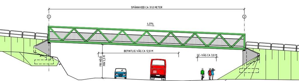 3.2.1 Fackverksbro i stål Ett möjligt alternativ är att gång- och cykelbron över Kortebovägen utformas som en fackverksbro i stål enligt ritning 141K2001.