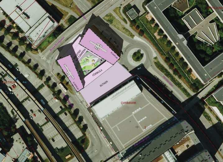 Mellan de två bostadshusen inryms för centrumändamål två våningar med ingång från väster som kan inrymma kulturhus/bibliotek eller annan centrumverksamhet.