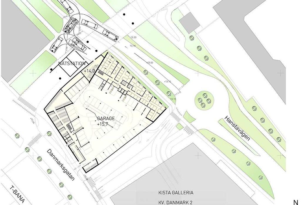 5 (17) Dp 2007-36880-54 Parkering och angöring Projektet innehåller garage i tre plan under bostadshusen, med preliminärt ca 175 bilplatser.