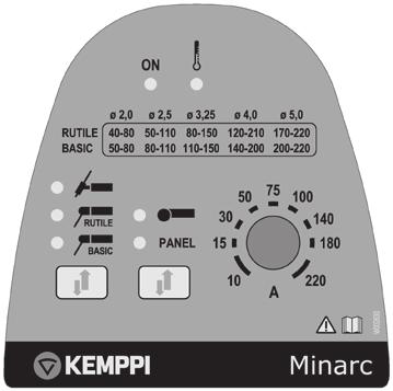 Minarc 220 / Kemppi Oy / 1117 2.6 REGLAGE OCH INDIKERINGSLAMPOR 1. 2. 6. 3. 4. 5. 1. Indikeringslampa för standby-läge. I VRD-versionen, en VRD säkerhetsindikeringslampa (se VRD-funktionen) 2.