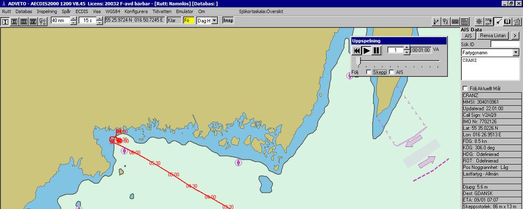 3 Händelseförlopp 3.1 Fram till grundstötningen Bild 7 AIS-spår Efter lossning i Gdansk i Polen avgick Cranz klockan 09.00 den 10 januari 2009 med destination Stillerydshamnen i Karlshamn.