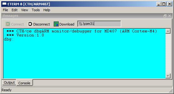 porten i det lilla fönstret. I detta fallet är serieporten ansluten till COM31 vilket man också kan undersöka via Windows Device Manager.