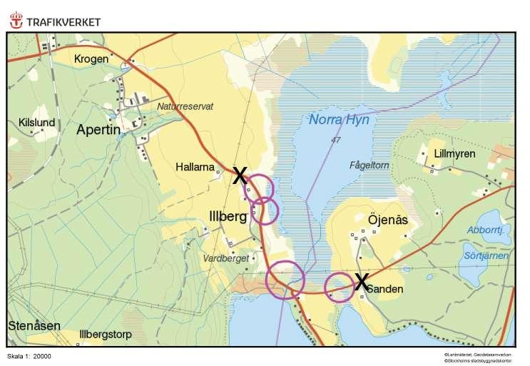 Resultat 2.1 Väg S714 vid Illberg Figur 2. Karta över väg S714 vid Illberg. Inventeringsområdets västra och östra avgränsning markeras på kartan med ett X.