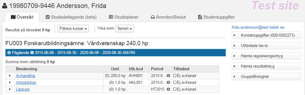 Rapportera resultat för enskild doktorand 1.