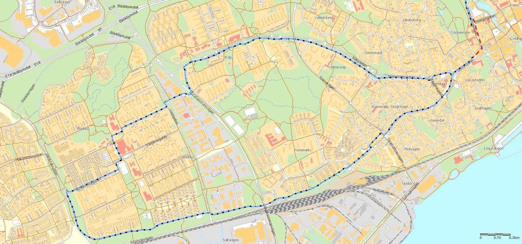 3.1. Västra stråket Via Köpingsvägen, Järnbruksgatan, Smältverksgatan, genom Bäckby centrum,