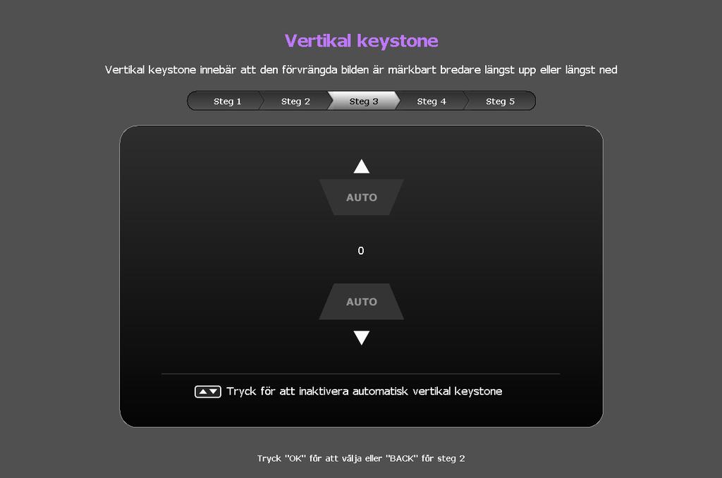 vertikal keystone är Av Tryck på OK i 2 sekunder för att aktivera Auto vertikal keystone Tryck på BACK i 2