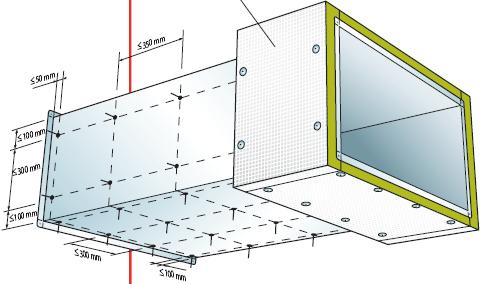 1.1 Skivans storlek och placering Topp- och bottenskivans bredd = kanalbredd Sidoskivans bredd = kanalhöjd + (2 x 60mm) 1 BrandBatts 3 Svetsstift 7 Conlit Glue 1.1.2