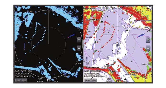 MotionScope funktionen markerar rörliga mål på radarskärmen så att du kan navigera runt andra båtar eller hårt väder, eller mot fiskeställen där det finns fåglar på vattenytan.
