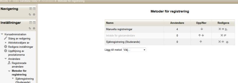 4.2 Sätt in en kursnyckel för kursen/rummet Kursnyckeln bestäms i Inställningar-blocket > Användare > Metoder för registrering: Klicka på editeringsikonen vid Självregistrering (Studerande). (OBS!