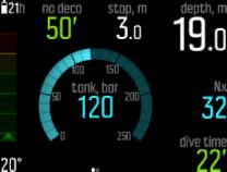 Följande display visar Suunto EON Steel när skärmen för flasktryck används: Aktuellt djup är 19,0 m Aktiv gas är nitrox 32 % Dyktiden är 22 minuter Kvarstående tanktryck är