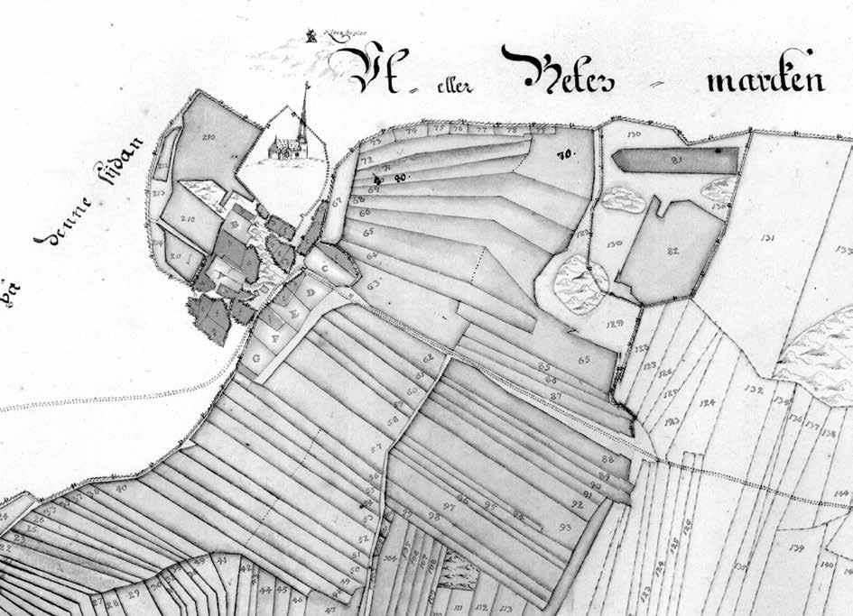 In Situ Kyrkan, jarlen och makten 117 Figur 6. Utsnitt ur den äldsta kartan över Tölö by från 1729. Kyrkan syns tydligt, liksom de fyrkanter som markerar tomterna för byns sju gårdar.