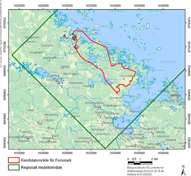 Figur 2-1. Karta över undersökningsområdet i Forsmark. Det regionala modellområdet visas inom grön linje, kandidatområdet inom röd linje.