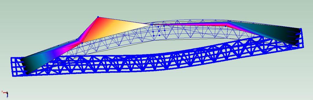Den olikfärgade översta geometrin visar mätmodellens rörelser. Figur 9.2 Mod två i det andra av sina extremlägen.
