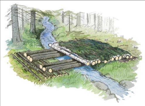 Bild 46. Exempel på hur en virkesbro kan konstrueras. Illustration: Martin Holmer.